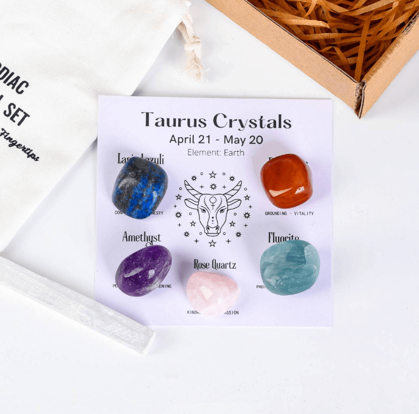 Taurus Crystal Set - Lapis Lazuli, Carnelian, Amethyst, Rose Quartz, Fluorite - Part of the Twelve Constellation Healing Crystal Set