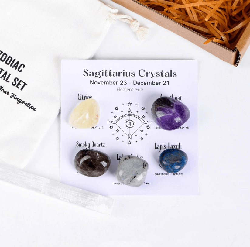 Twelve Constellation Healing Crystal Set - Self-Enhancement with Sagittarius gemstones: Citrine, Amethyst, Smoky Quartz, Lapis Lazuli.