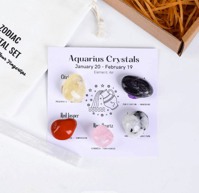 "Twelve Constellation Healing Crystal Set featuring Aquarius crystals for self-enhancement, including citrine, red jasper, and rose quartz."