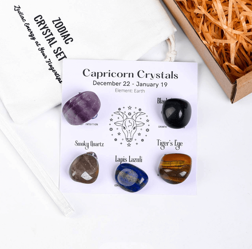 Twelve Constellation Healing Crystal Set - Self-Enhancement Capricorn Crystals with Amethyst, Black Onyx, Smoky Quartz, Lapis Lazuli, Tiger's Eye