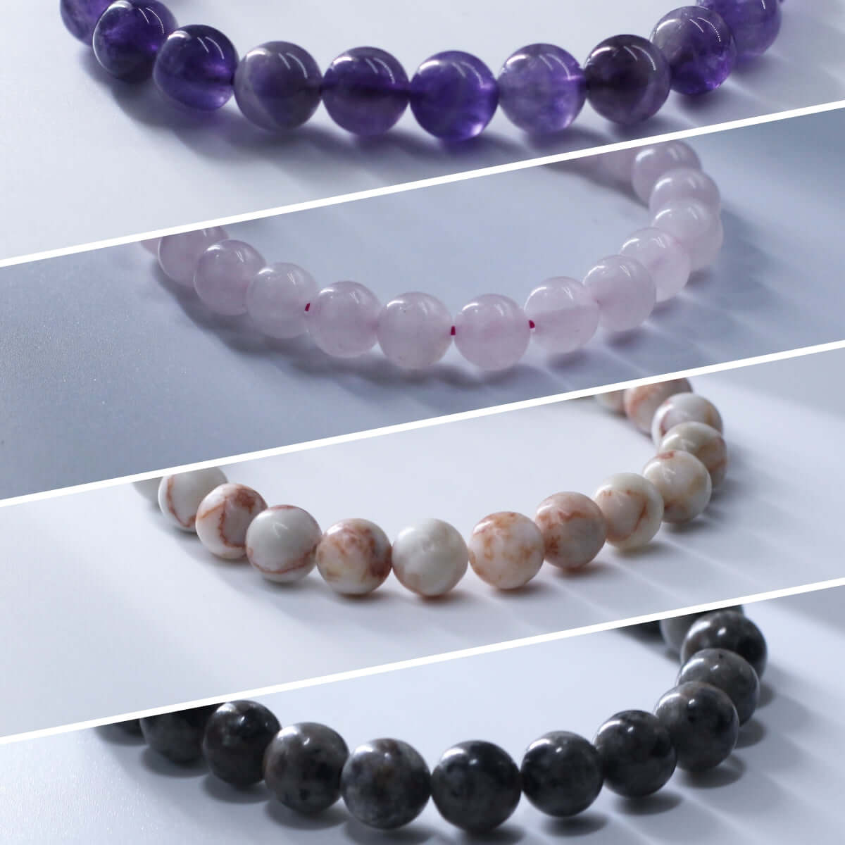 Four gemstone bracelets including amethyst, rose quartz, and jasper, from the Selected Mystery Box - Spiritual Gift collection.