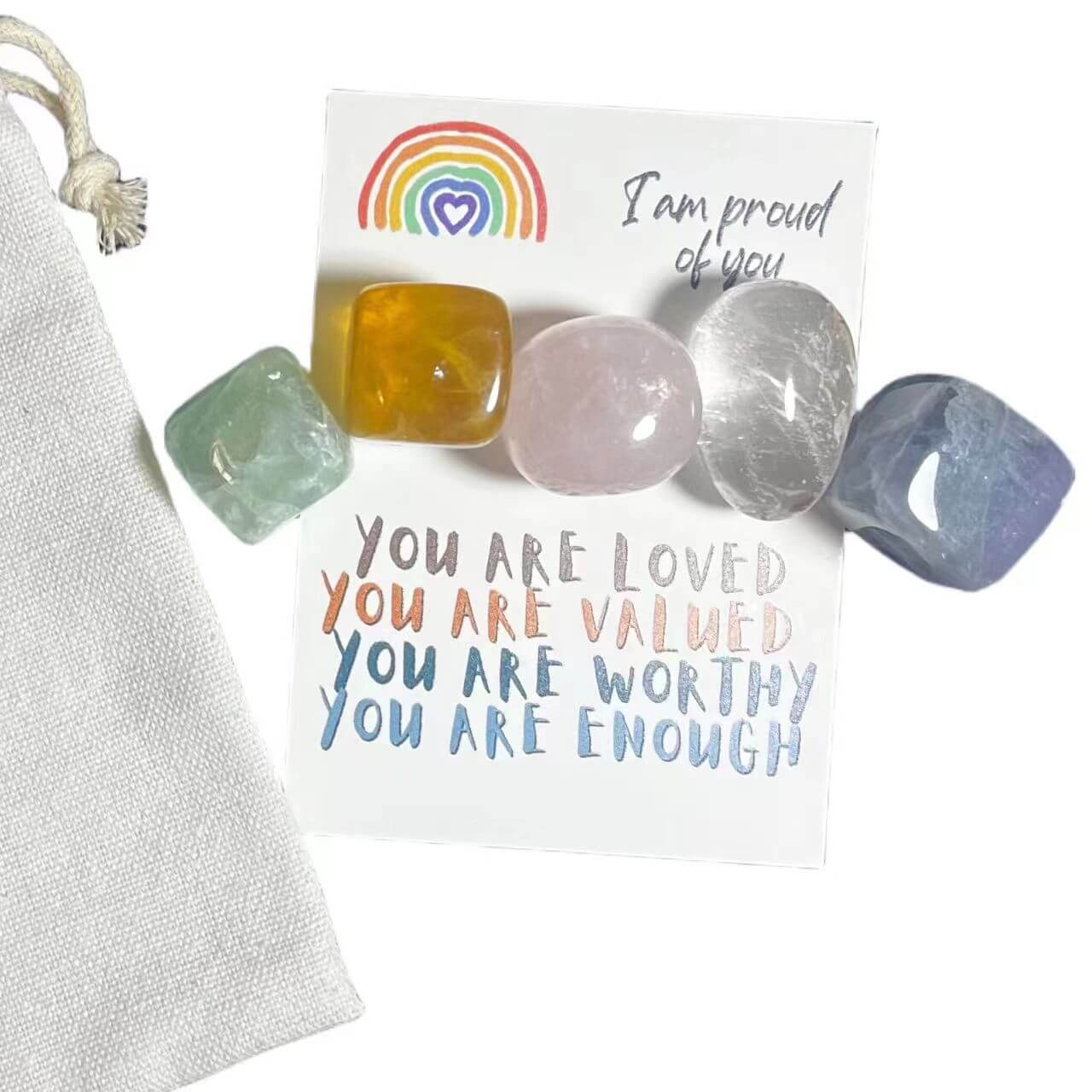 Rainbow-Inspired Crystal Set - "I Am Proud Of You" with Fluorite, Rose Quartz, Clear Quartz as gift for family and friends