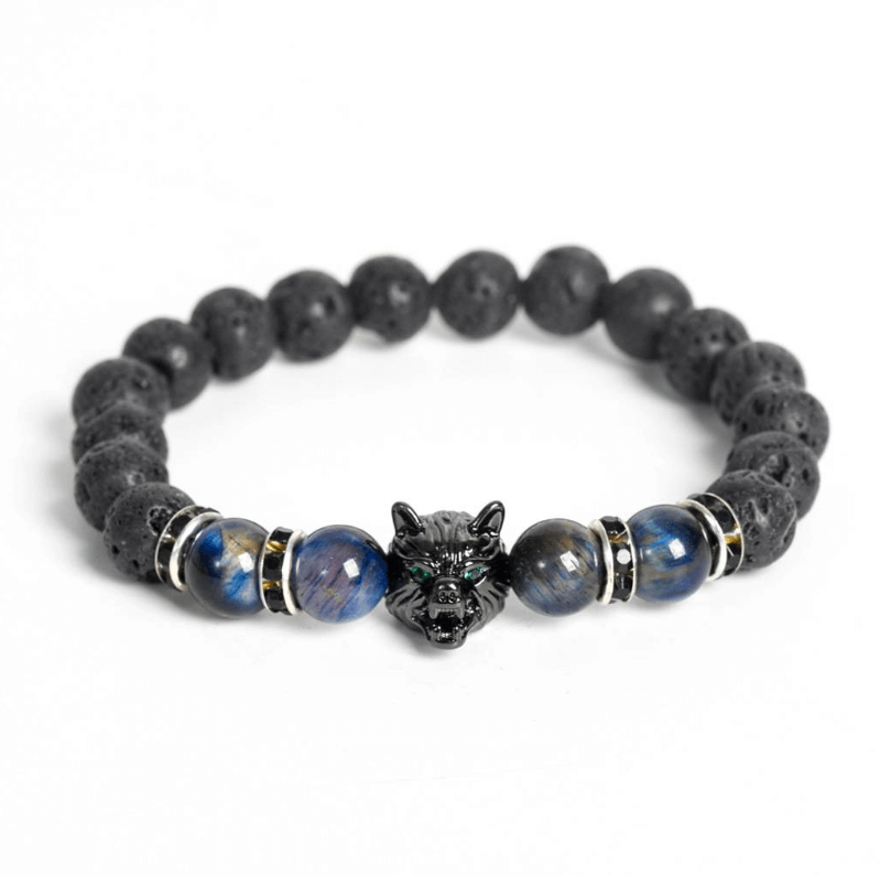 Vintage Wolf-Head Bracelet-Courage & Wisdom with lifelike carved wolf head, black beads, and blue accent stones representing bravery and spirit