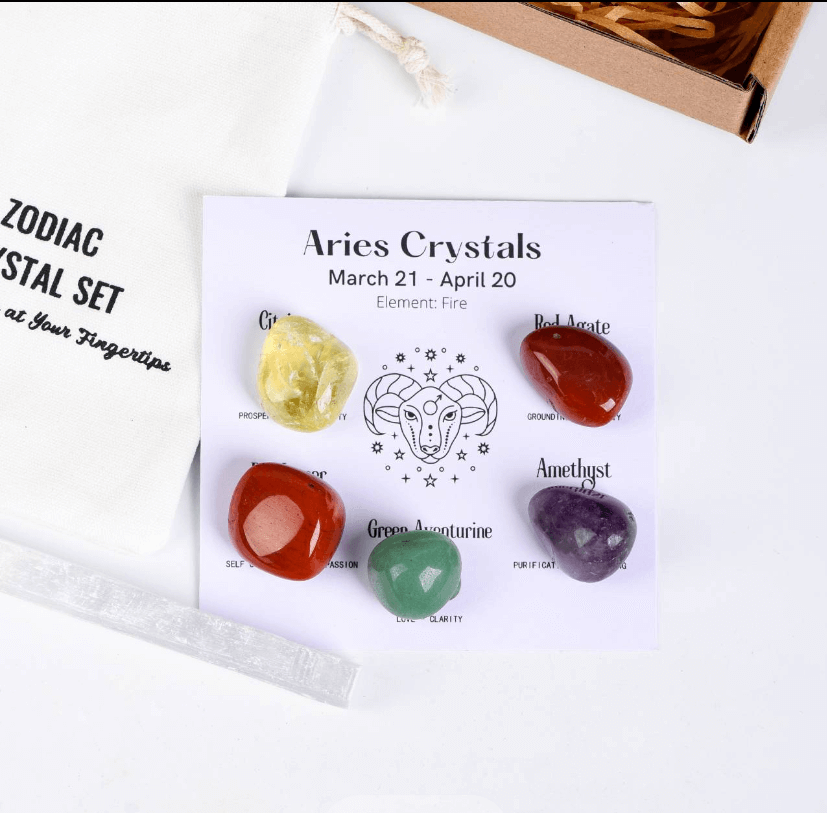 Twelve Constellation Healing Crystal Set - Self-Enhancement for Aries with five stones arranged on a white background