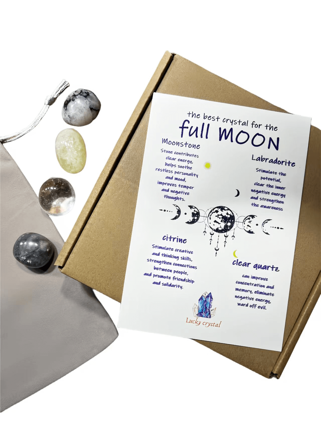 Full Moon Crystal Set - Resplendent Energy Of Perfection with Moonstone, Labradorite, Citrine, Clear Quartz as gift for family and friends