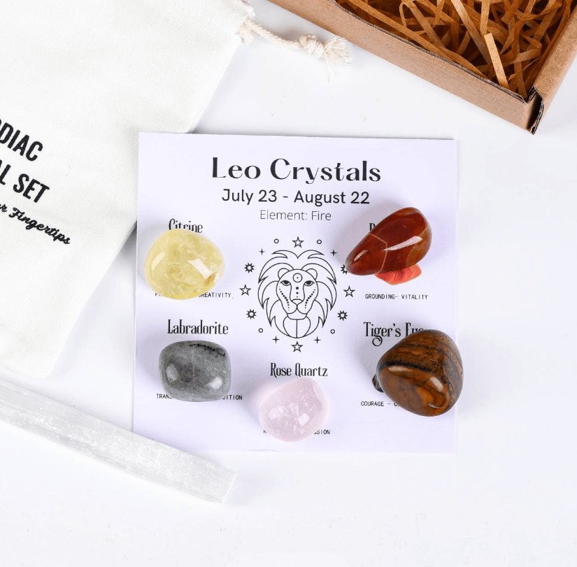 Twelve Constellation Healing Crystal Set - Self-Enhancement: Leo constellation crystals with Citrine, Carnelian, Labradorite, Rose Quartz, and Tiger's Eye.