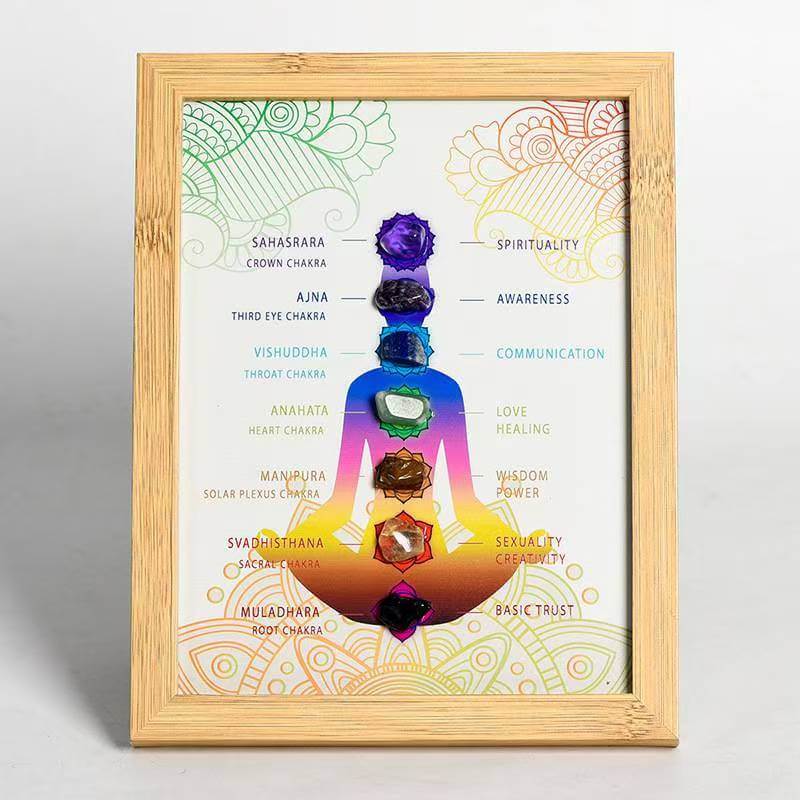 7 Chakra Healing Crystal Decorative Picture Frame with natural crystals, each representing the seven chakras for spiritual and physical harmony.