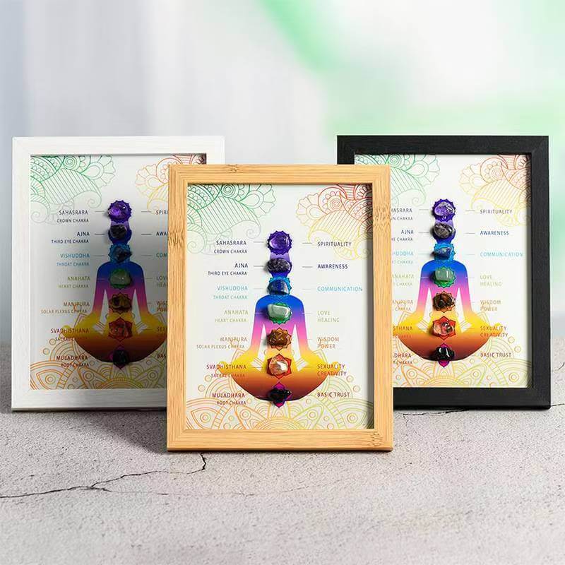 7 Chakra Healing Crystal Decorative Picture Frame with natural crystals for inner peace and harmony displayed in three color options.