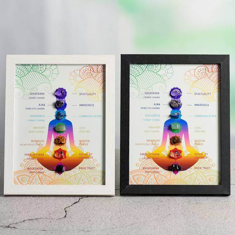 7 Chakra Healing Crystal Decorative Picture Frame for inner peace and harmony display in white and black frames