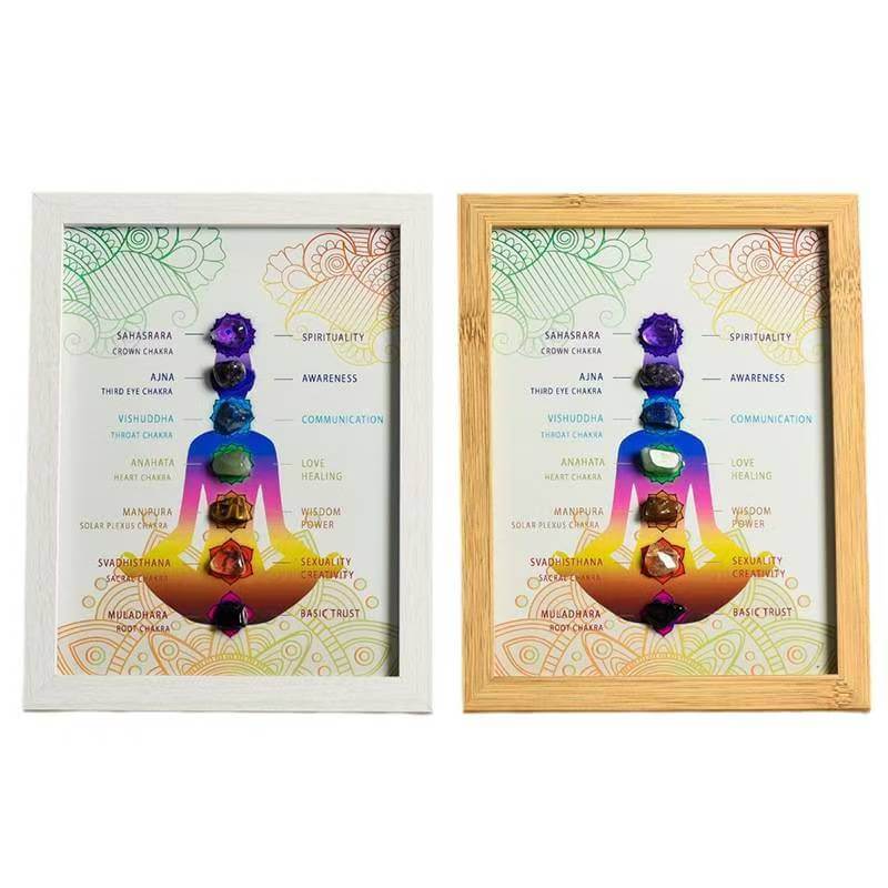 7 Chakra Healing Crystal Decorative Picture Frame featuring seven natural crystals for spiritual and physical balance in white and wooden frames.