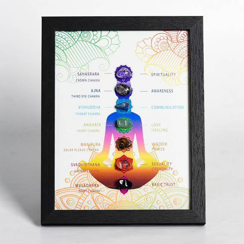 7 Chakra Healing Crystal Decorative Picture Frame with colorful crystals for inner peace and harmony in a black frame.