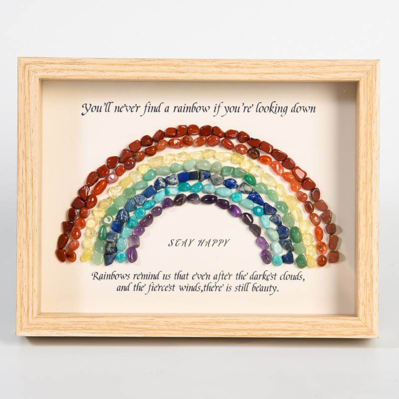 Rainbow Crystal Decorative Picture Frame with inspirational quote and colorful beads arranged in a rainbow within a wooden frame