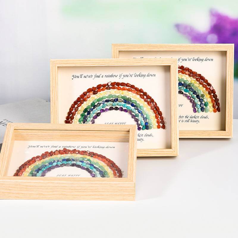 Rainbow Crystal Decorative Picture Frame with inspirational quote and colorful beads arranged in a rainbow within a wooden frame