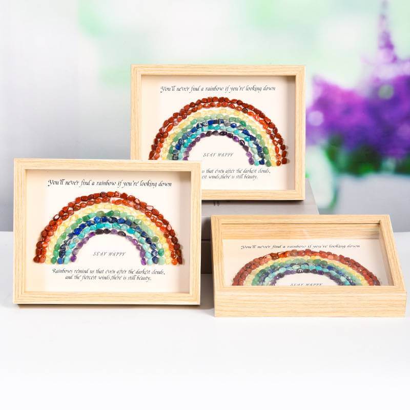 Rainbow Crystal Decorative Picture Frames with detailed rainbow designs and inspirational quotes in wooden frames.