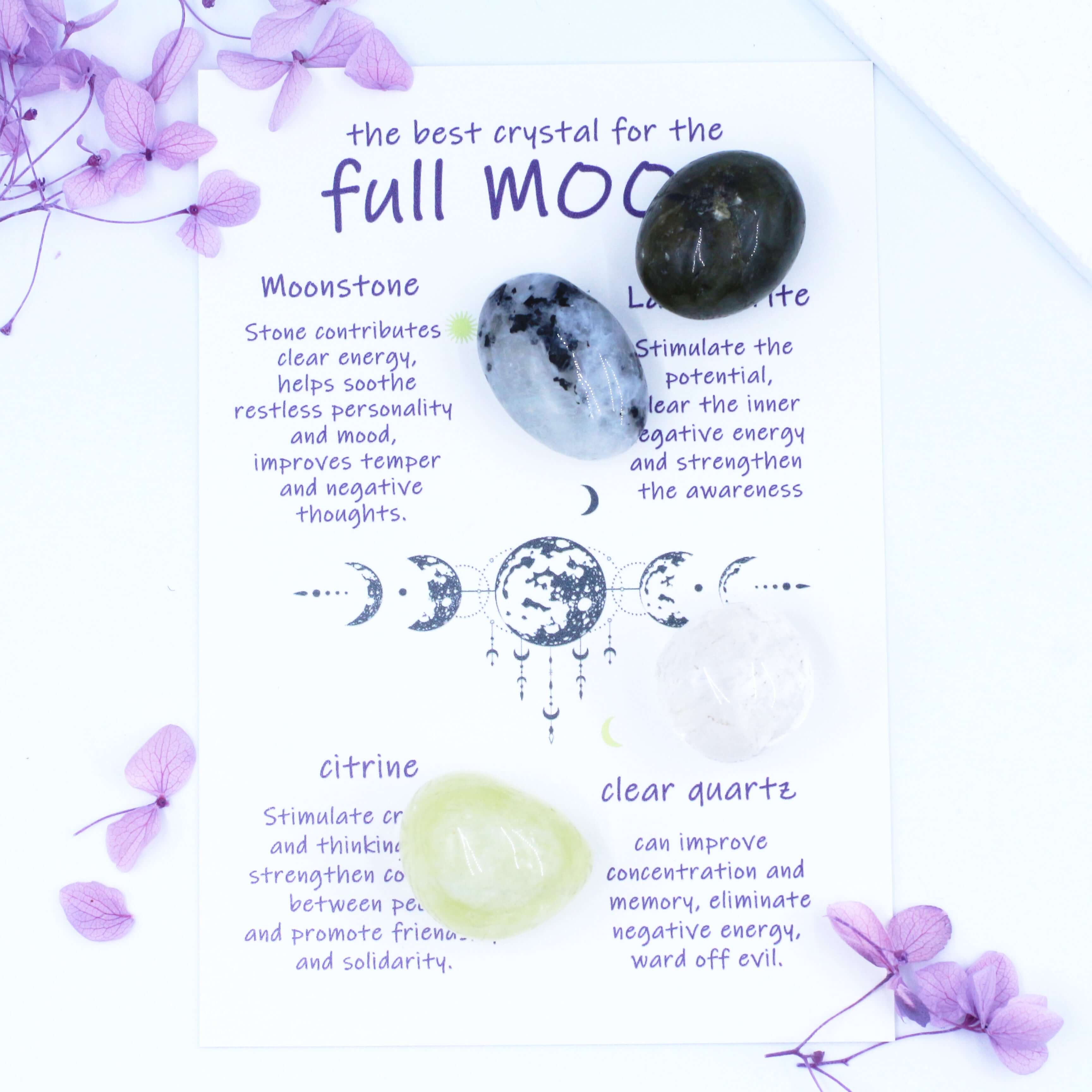 Full Moon Crystal Set - Resplendent Energy Of Perfection with Moonstone, Labradorite, Citrine, Clear Quartz as gift for family and friends