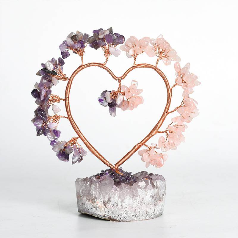 Heart Shape Feng Shui Crystal Tree made of amethyst and rose quartz for harmony and love, symbolizing pure love and tenderness.