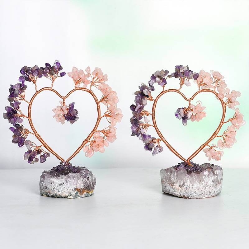 Heart Shape Feng Shui Crystal Tree with Amethyst and Rose Quartz for Harmony & Love