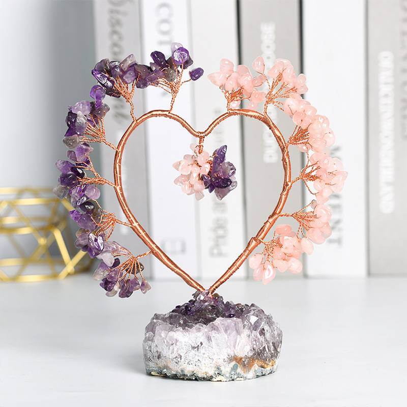 Heart Shape Feng Shui Crystal Tree with amethyst and rose quartz for Harmony & Love, symbolizing pure love and tenderness