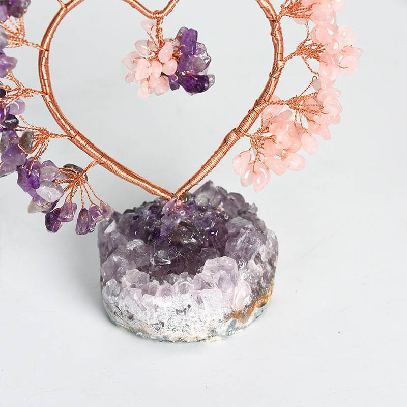 Heart Shape Feng Shui Crystal Tree with Amethyst and Rose Quartz for Harmony & Love