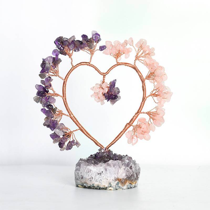 Heart Shape Feng Shui Crystal Tree with Amethyst and Rose Quartz for Harmony & Love