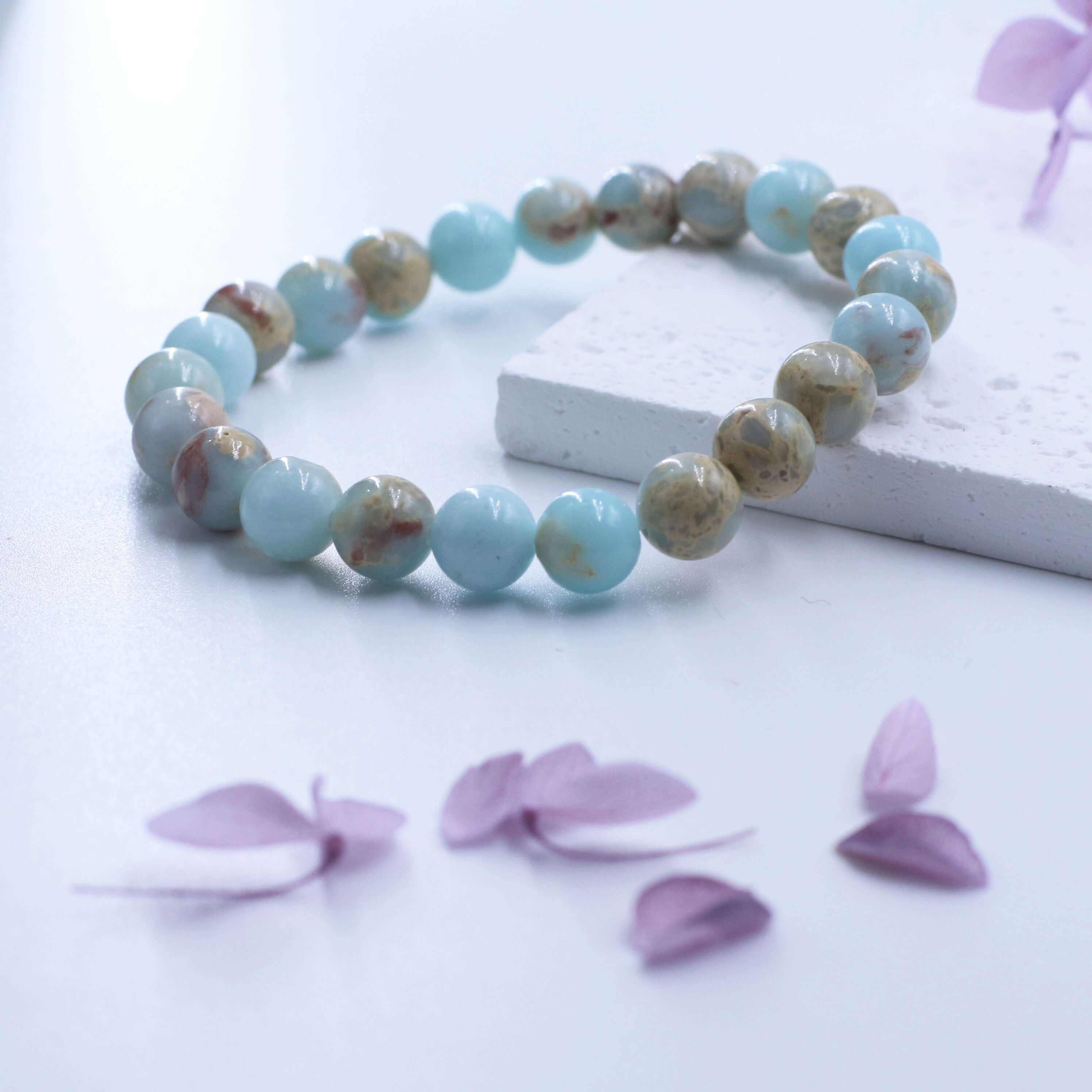 Charming Shoushan Stone Bracelet for auspiciousness and good fortune with delicate light blue and earth-toned beads.