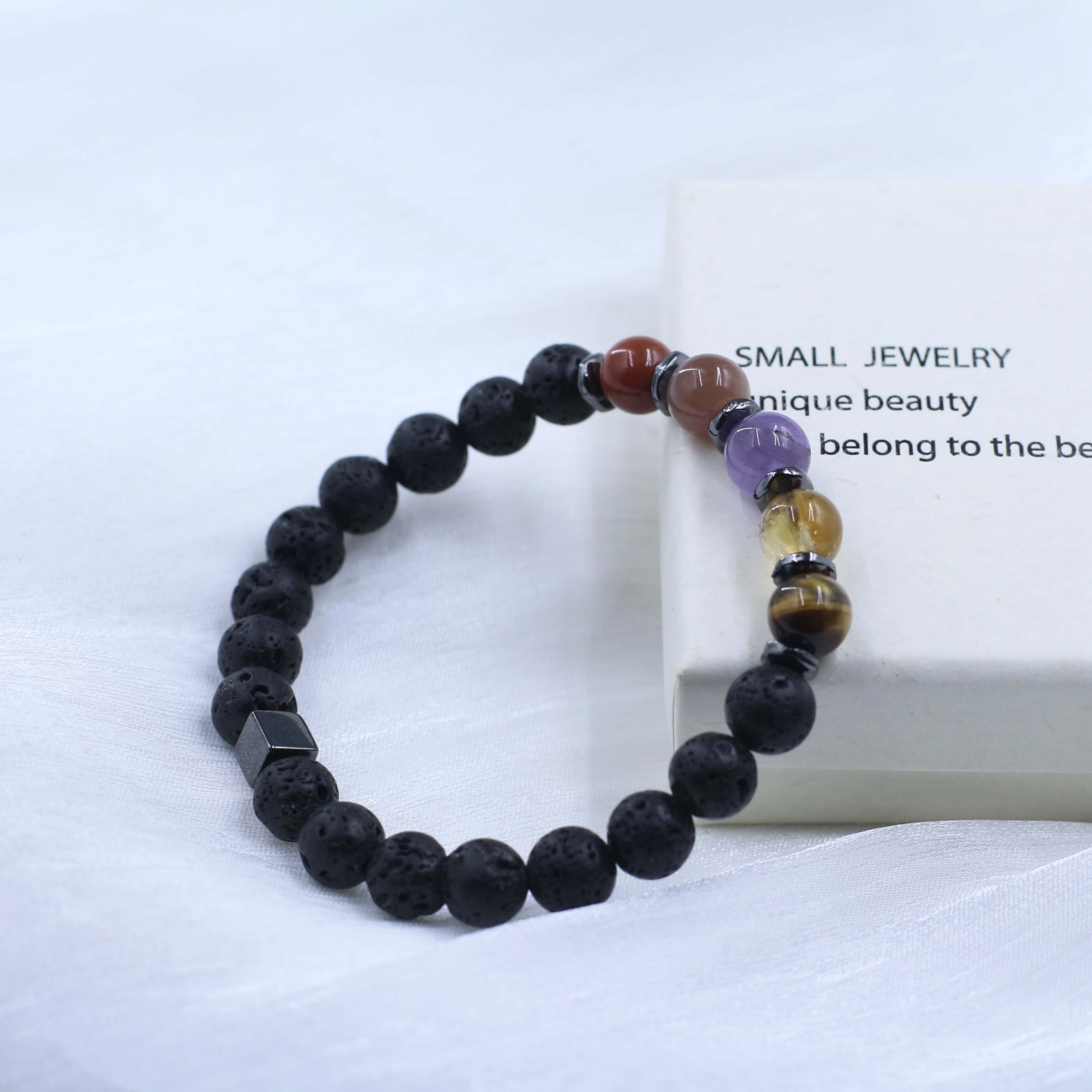 Twelve Constellation Guardian Crystal Bracelet featuring black and multicolored beads on a white background.