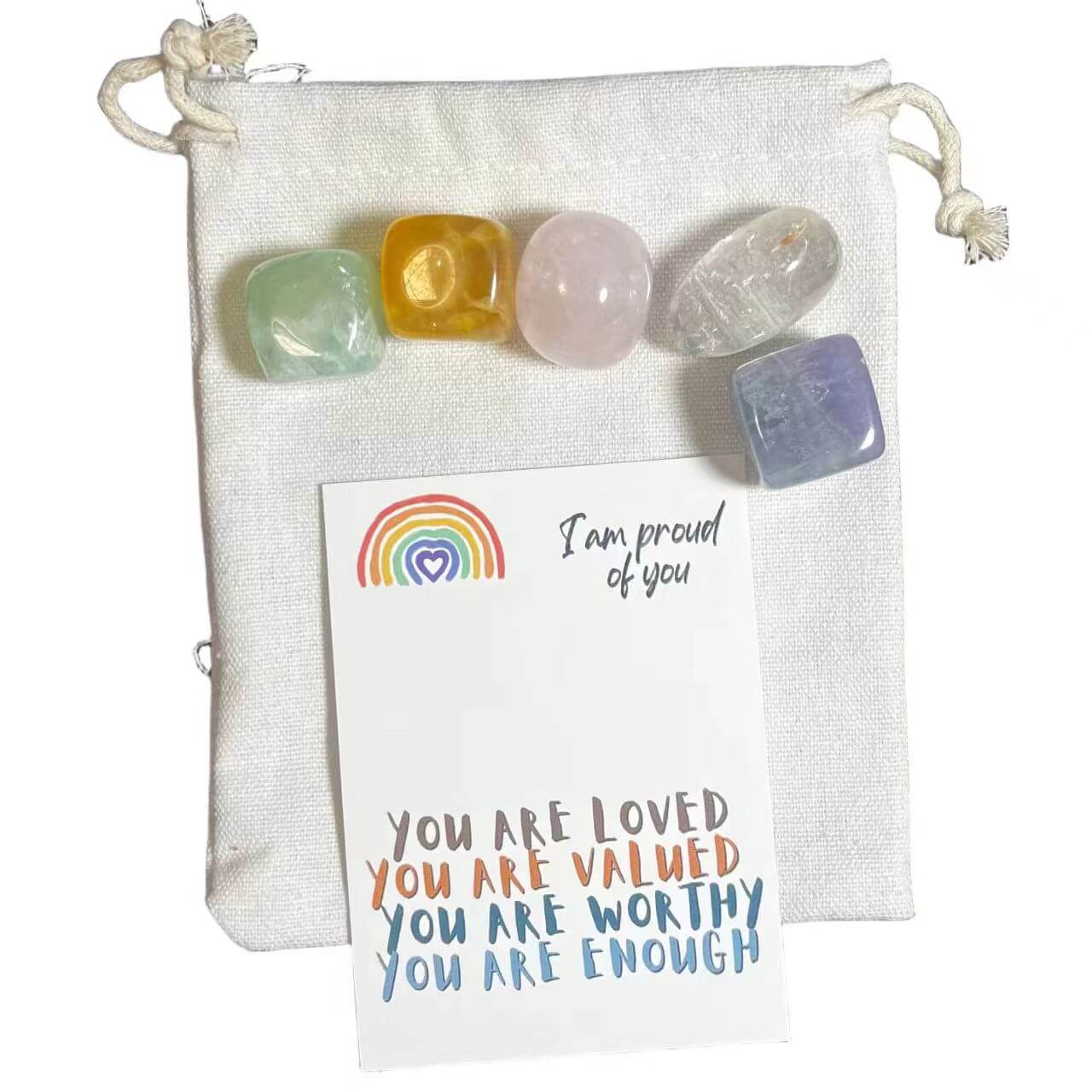 Rainbow-Inspired Crystal Set - "I Am Proud Of You" with Fluorite, Rose Quartz, Clear Quartz as gift for family and friends