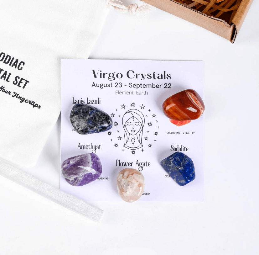 Twelve Constellation Healing Crystal Set - Self-Enhancement Virgo Crystals with Lapis Lazuli, Red Jasper, Amethyst, Sodalite, and Flower Agate