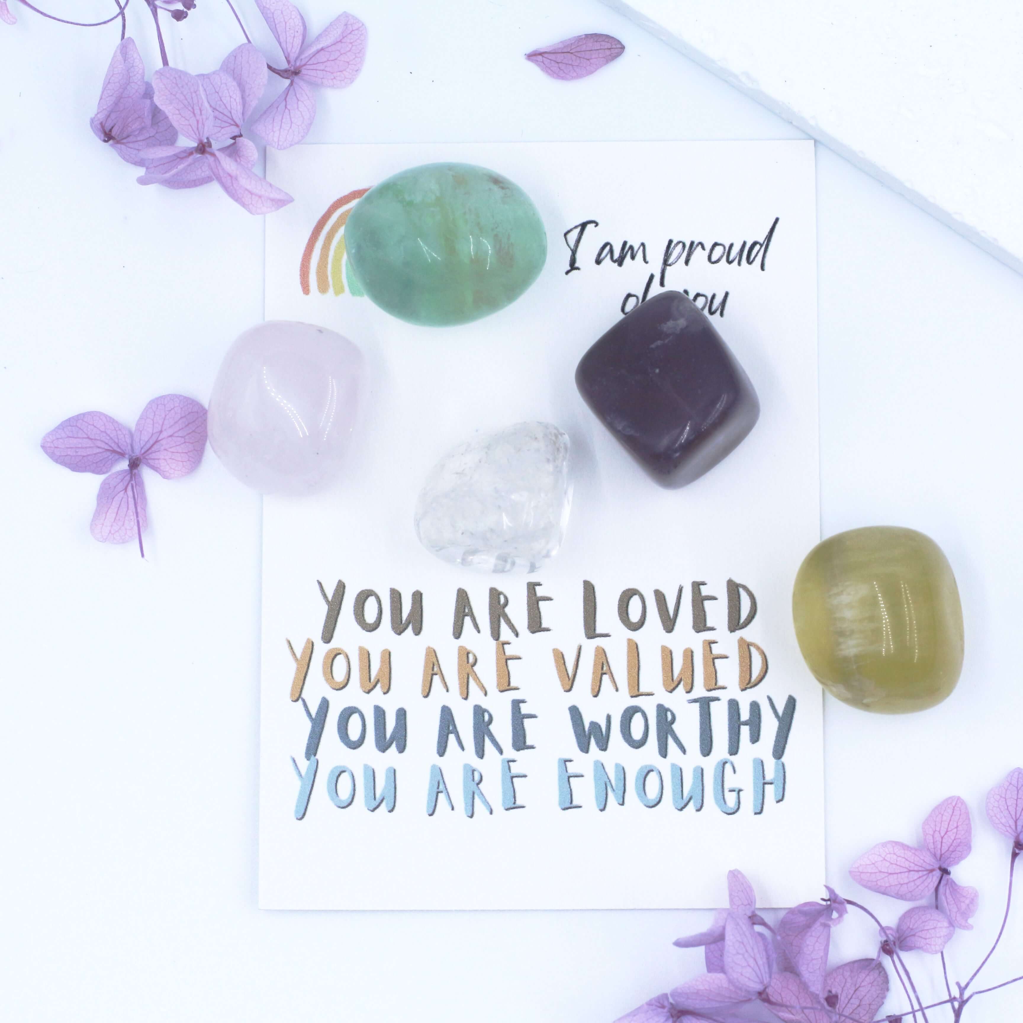 Rainbow-Inspired Crystal Set - "I Am Proud Of You" with Fluorite, Rose Quartz, Clear Quartz as gift for family and friends