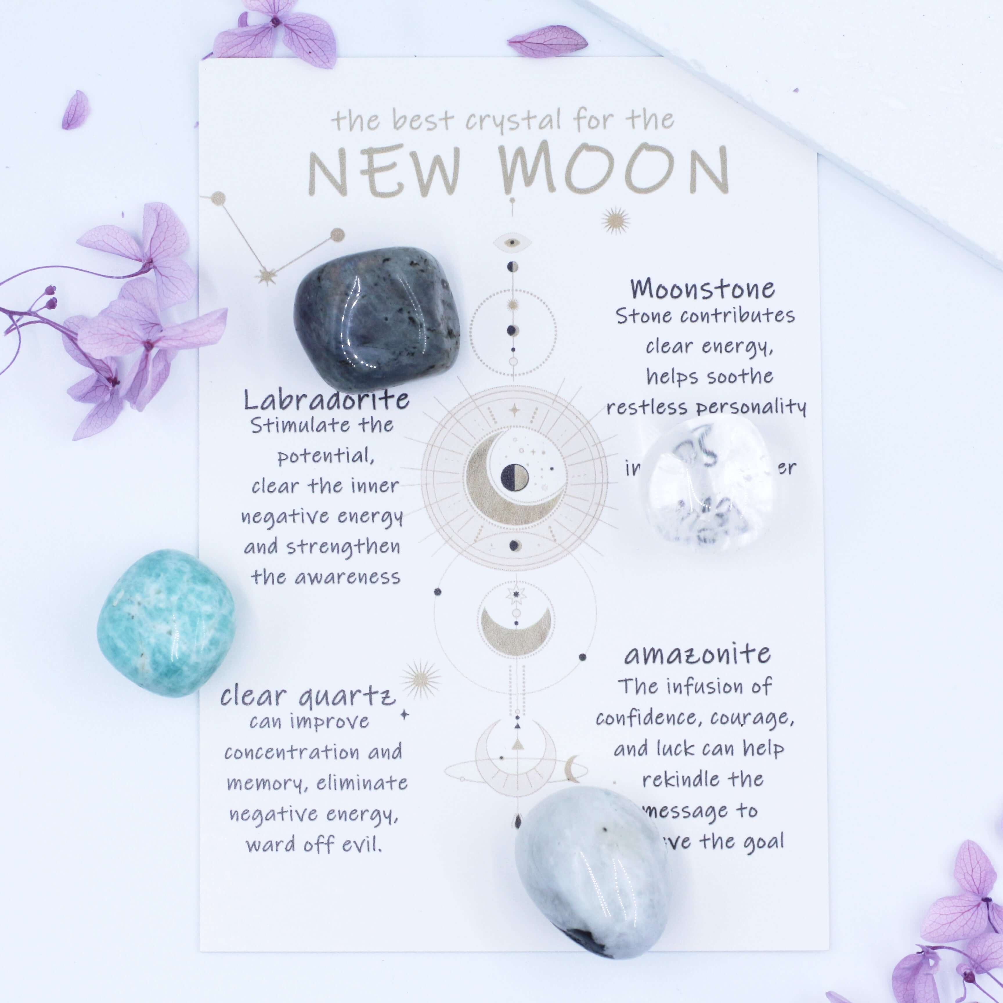 New Moon Crystal Set - Awaken New Energy with Labradorite, Clear Quartz, Moonstone, Amazonite as gift for family and friends