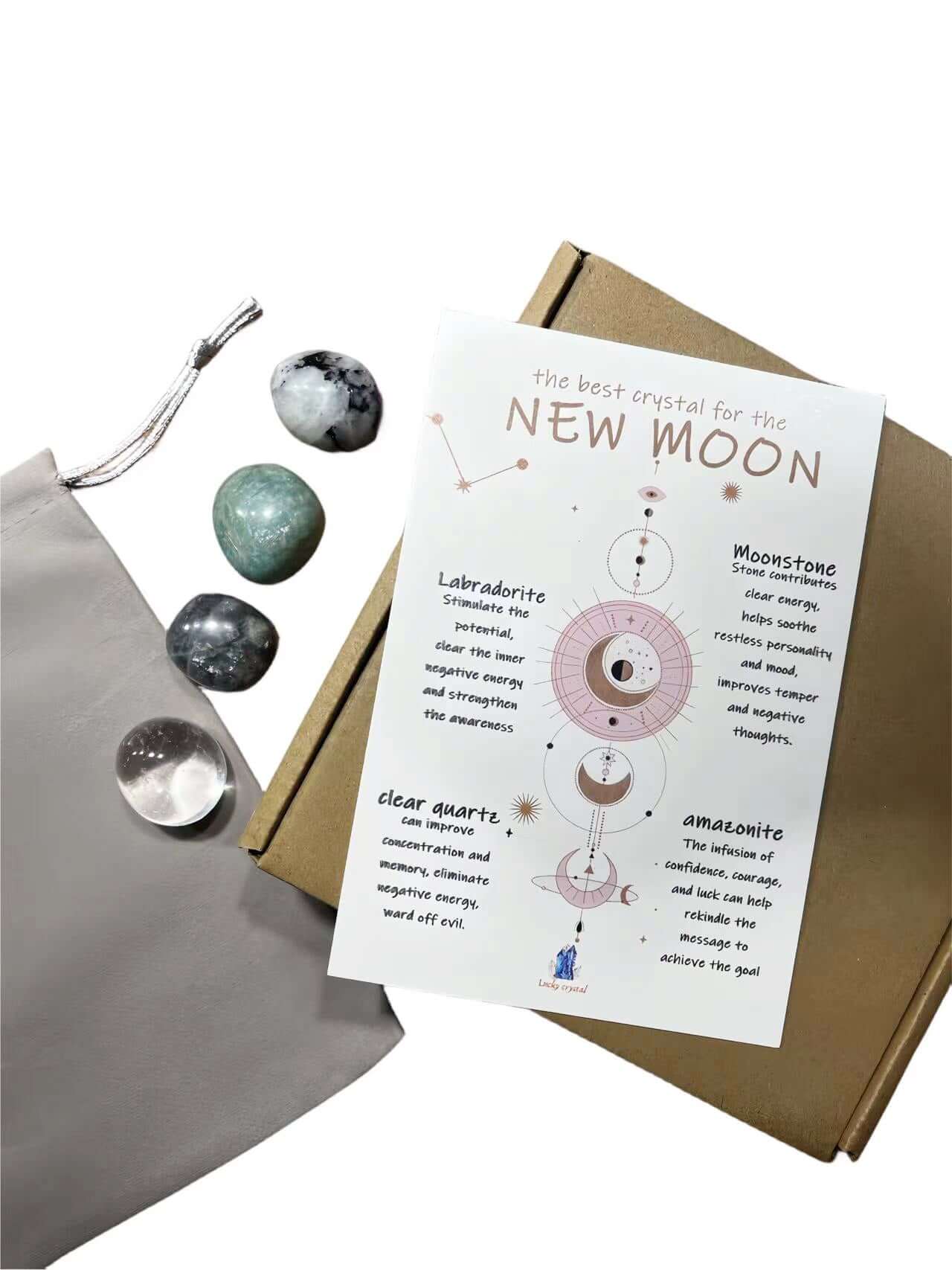 New Moon Crystal Set - Awaken New Energy with Labradorite, Clear Quartz, Moonstone, Amazonite as gift for family and friends