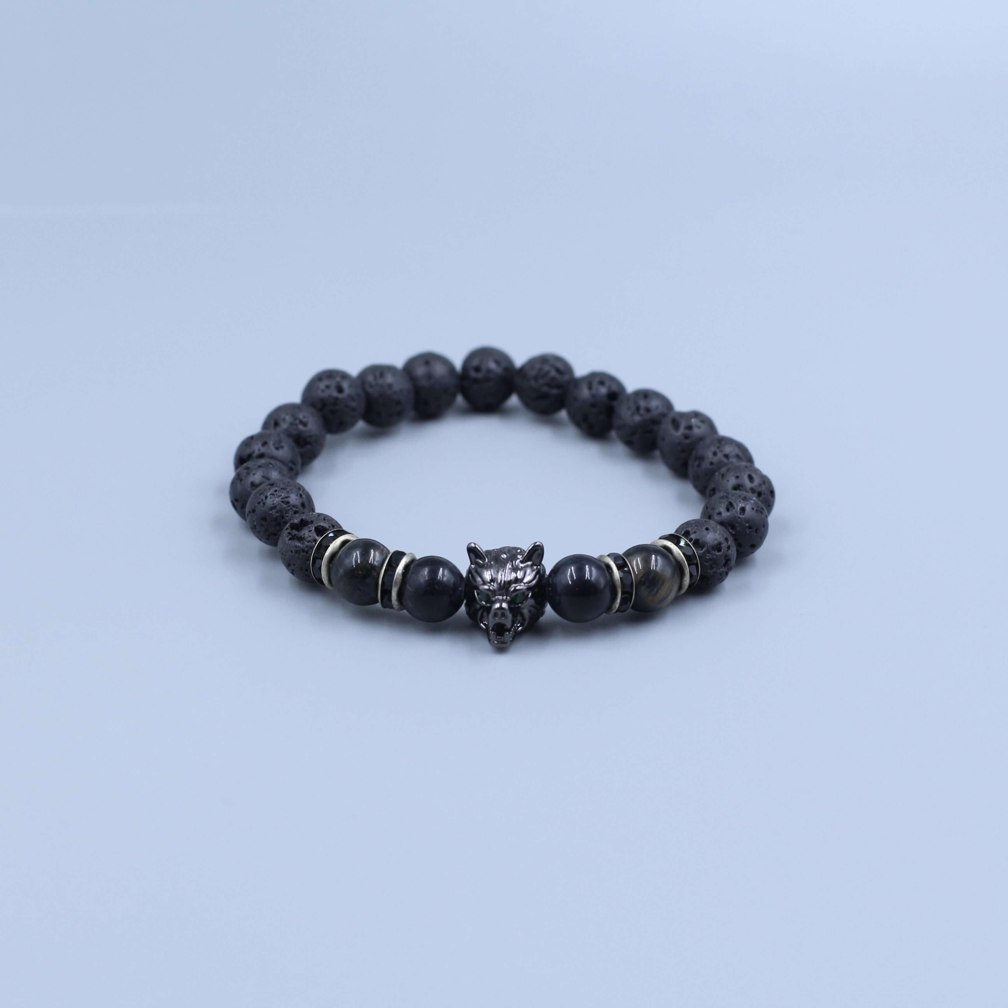 Vintage Wolf-Head Bracelet with Courage & Wisdom Symbolism - Exquisitely Carved Lifelike Wolf Head on Black Beaded Bracelet