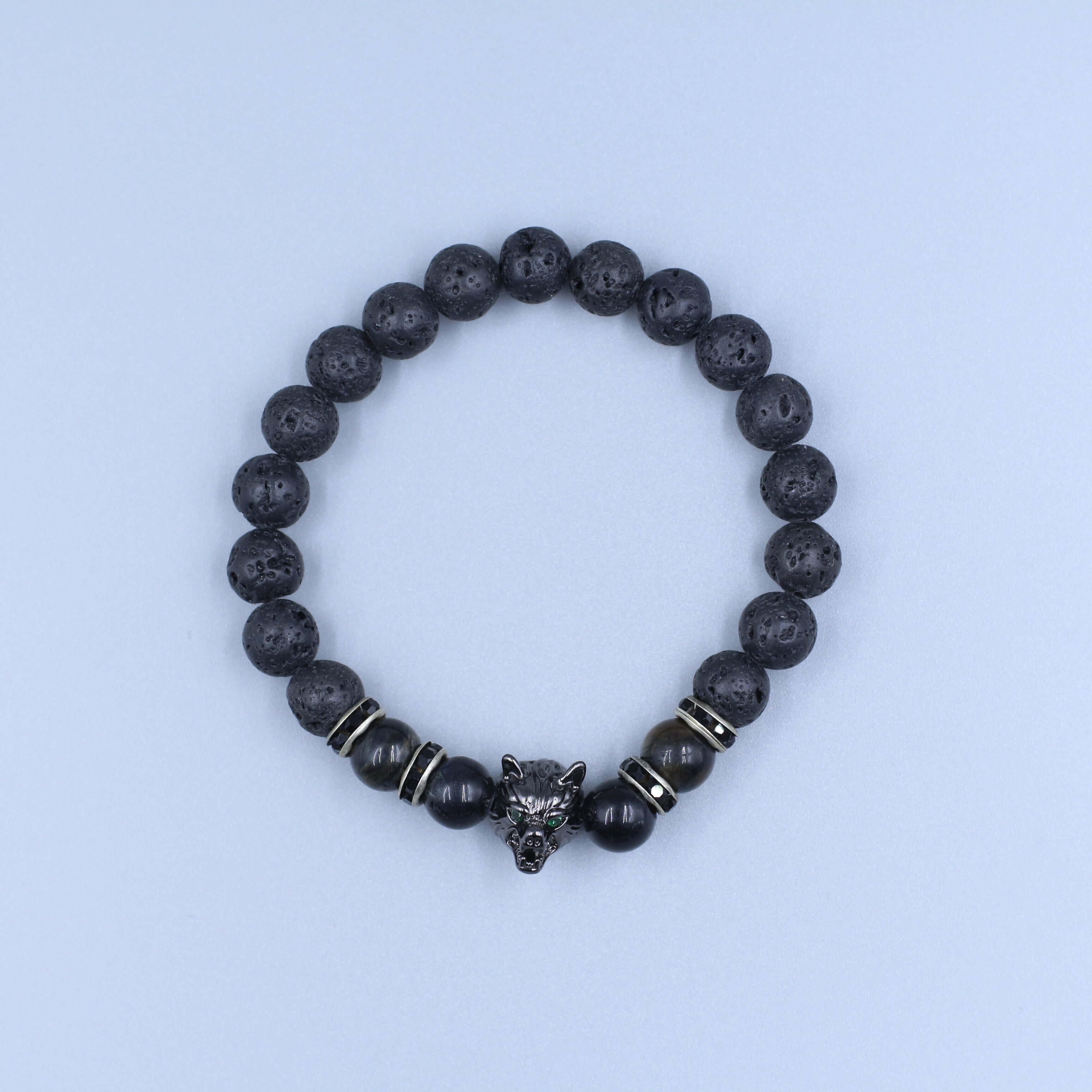 Vintage Wolf-Head Bracelet-Courage & Wisdom, featuring a lifelike carved wolf head symbolizing bravery and spirit, enhanced with dark beads.