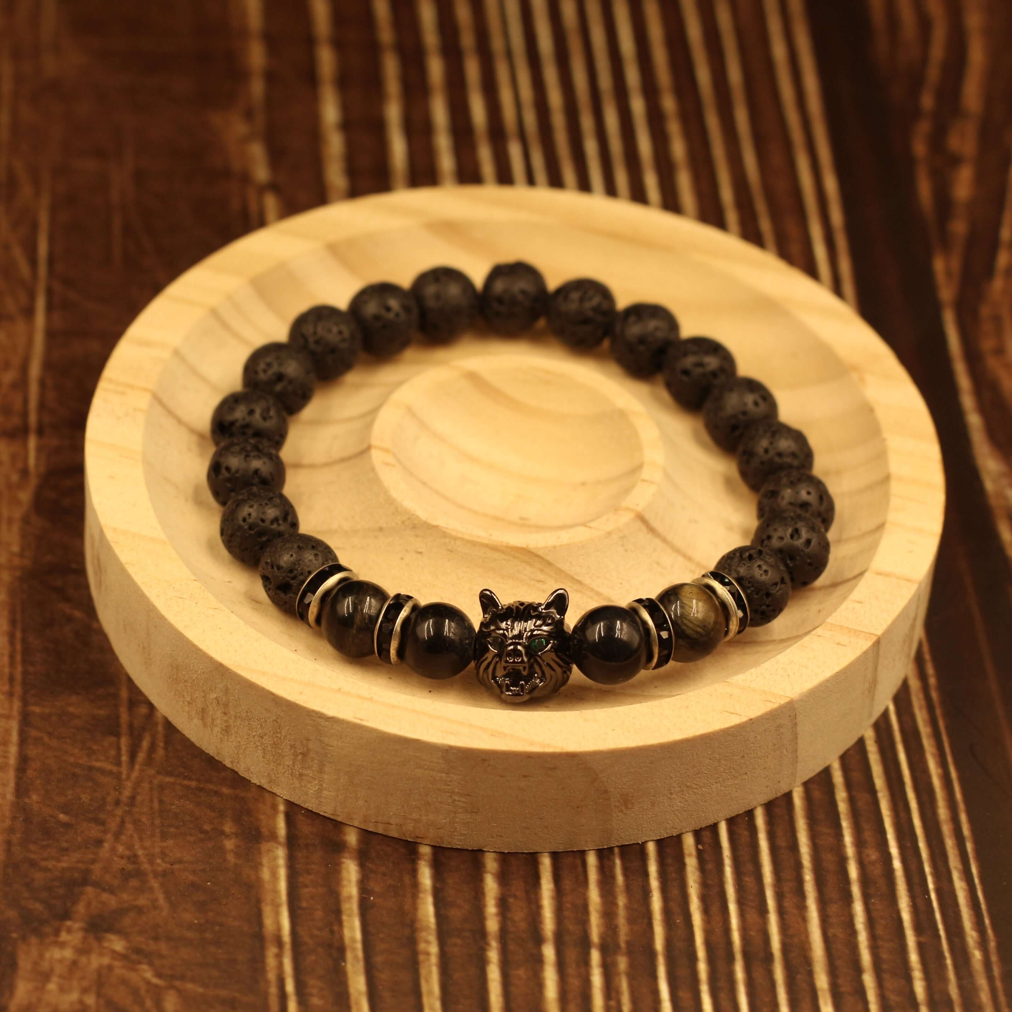 Vintage Wolf-Head Bracelet-Courage & Wisdom on Wooden Display