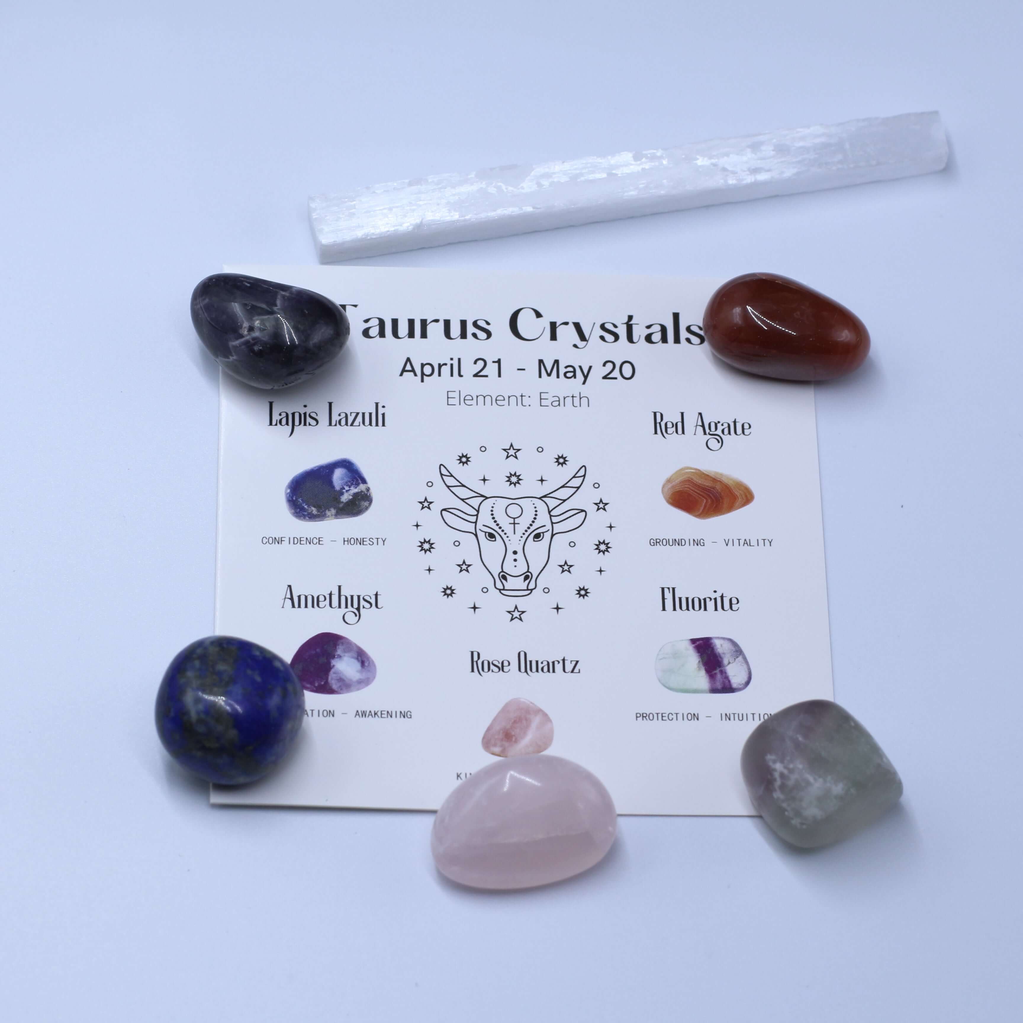 Twelve Constellation Healing Crystal Set for Taurus with Lapis Lazuli, Amethyst, Rose Quartz, Red Agate, and Fluorite stones.