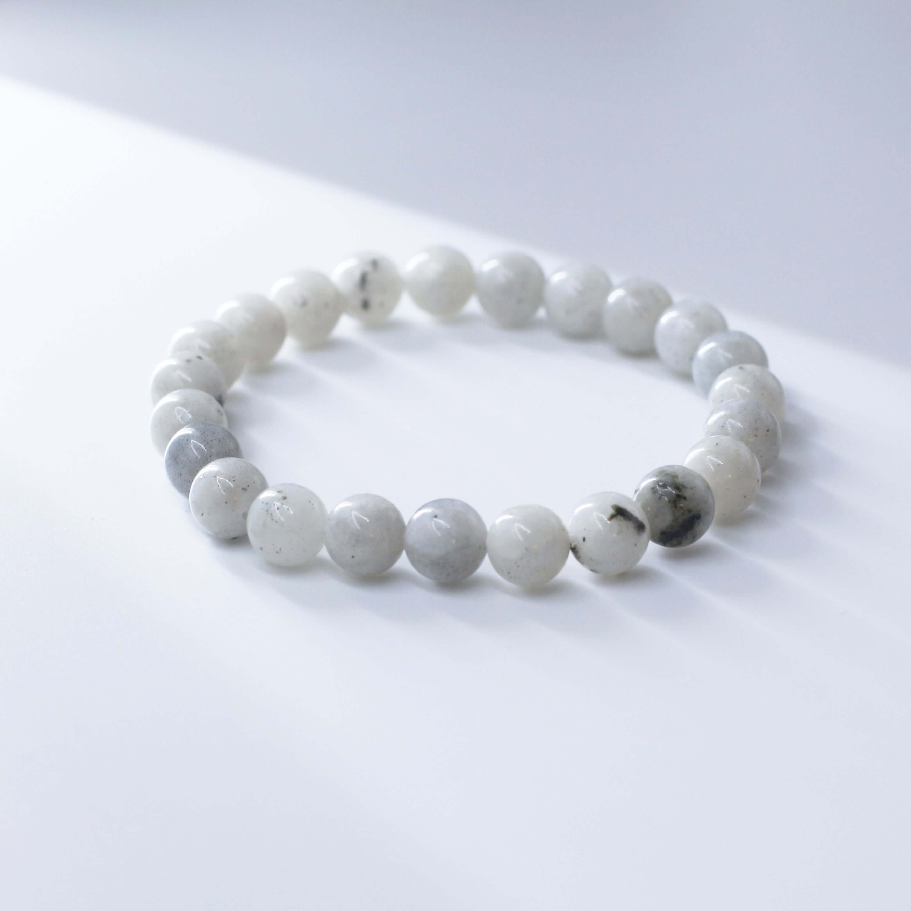 Fresh Labradorite Bracelet for Inspiration with mystical crystals enhancing creativity and spiritual energy on a white surface.