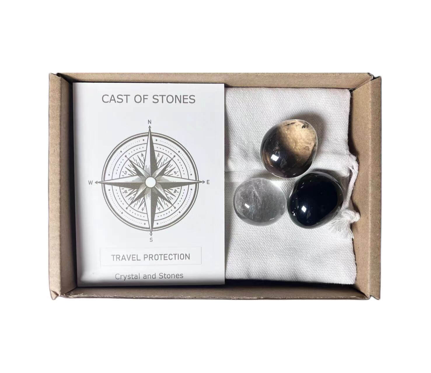 Cast of Stones - Travel Protection Crystal and Stones Kit with compass design and three healing stones in a box