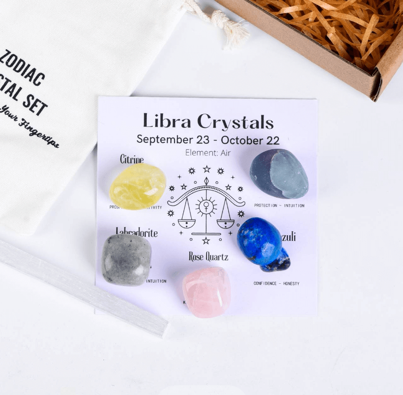 Twelve Constellation Healing Crystal Set - Self-Enhancement for Libra with Citrine, Labradorite, Rose Quartz, and Lapis Lazuli stones.