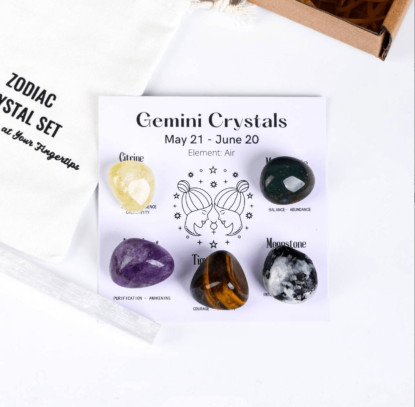 Twelve Constellation Healing Crystal Set for Gemini featuring five gemstones with corresponding energy characteristics.