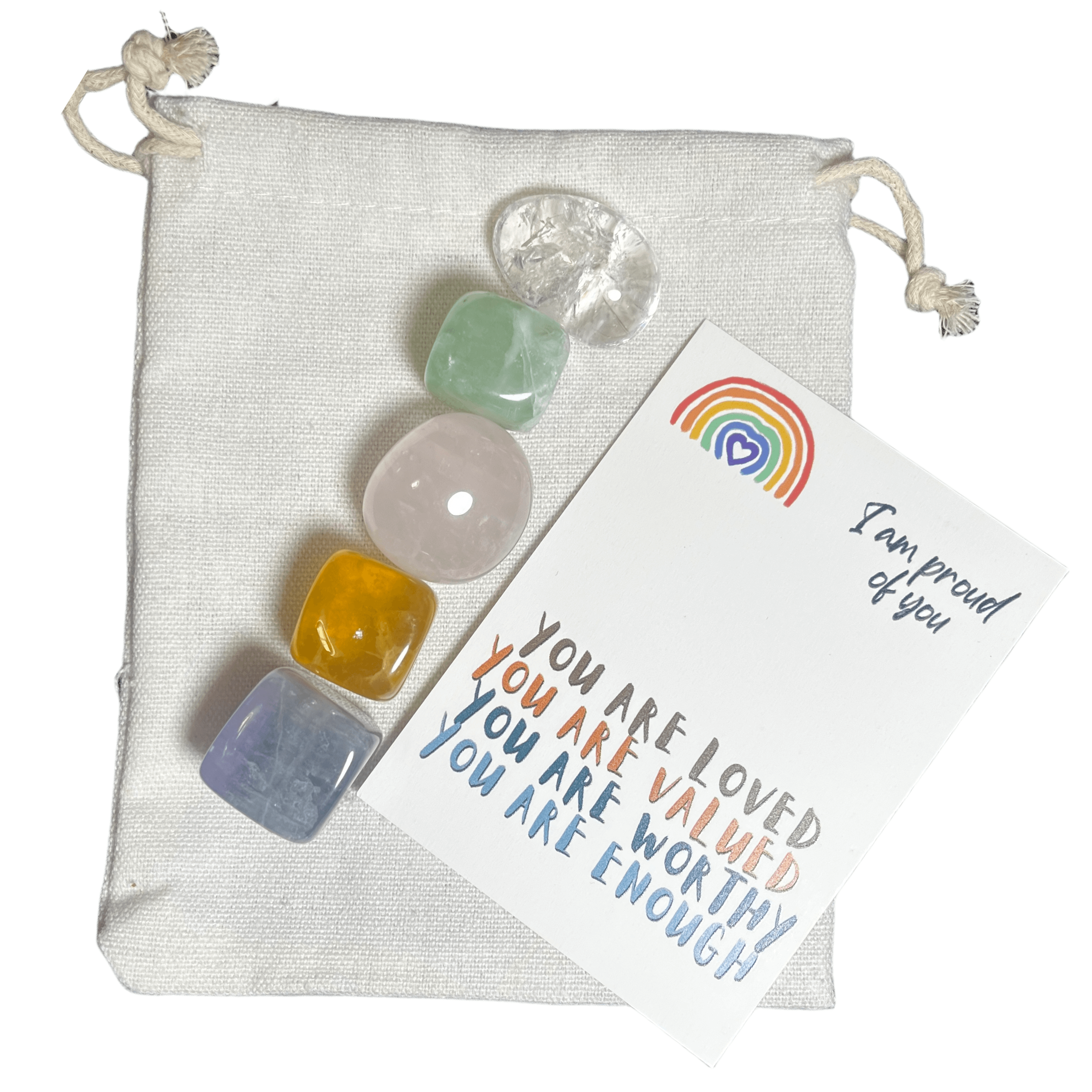 Rainbow-Inspired Crystal Set - "I Am Proud Of You" with Fluorite, Rose Quartz, Clear Quartz as gift for family and friends