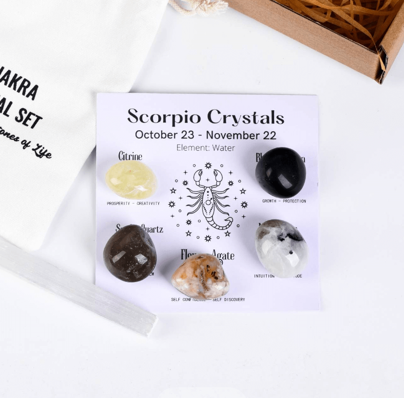 Twelve Constellation Healing Crystal Set - Self-Enhancement - Scorpio crystals set including Citrine, Smoky Quartz, and Flower Agate stones.